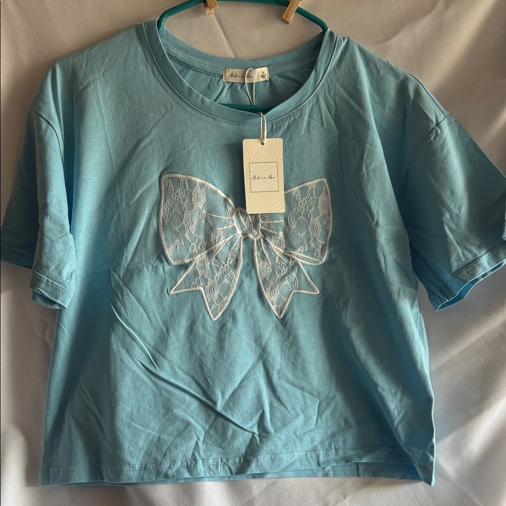 Active USA Blue Short Sleeve Tee with Lace Bow